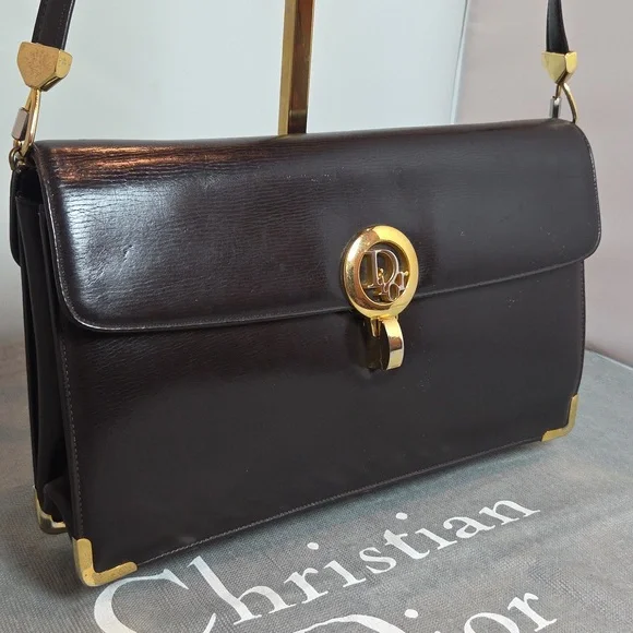 DIOR Rare 1970s Collectable Brown leather 2-way shoulder/clutch bag excellent - Picture 6 of 17